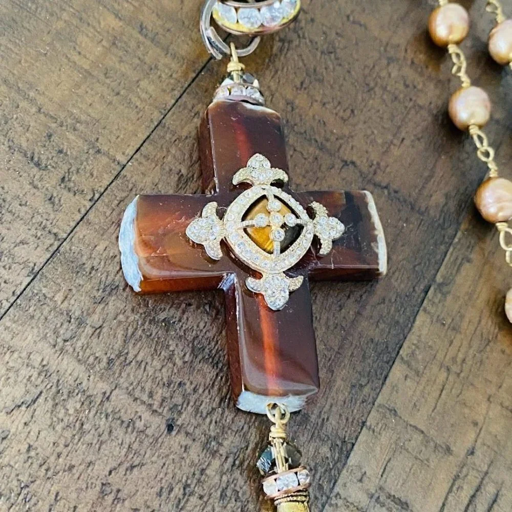 Vintage Amber Cross Necklace Freshwater Pearl Tassel Pendant
